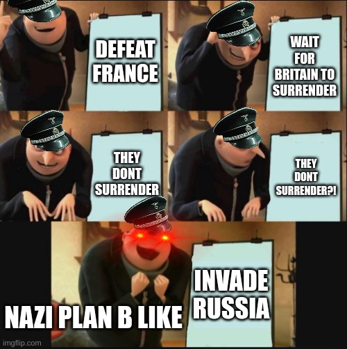 5 panel gru meme | DEFEAT FRANCE; WAIT FOR BRITAIN TO SURRENDER; THEY DONT SURRENDER; THEY DONT SURRENDER?! INVADE RUSSIA; NAZI PLAN B LIKE | image tagged in 5 panel gru meme | made w/ Imgflip meme maker