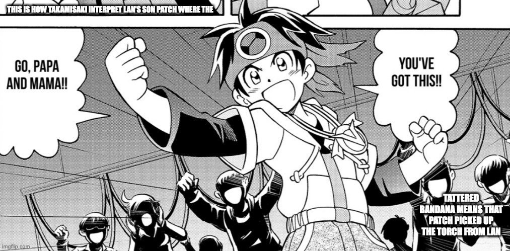 Patch Hikari From Ryo Takamisaki's One-Shot Manga | THIS IS HOW TAKAMISAKI INTERPRET LAN'S SON PATCH WHERE THE; TATTERED BANDANA MEANS THAT PATCH PICKED UP THE TORCH FROM LAN | image tagged in megaman,megaman battle network,patch hikari,memes | made w/ Imgflip meme maker