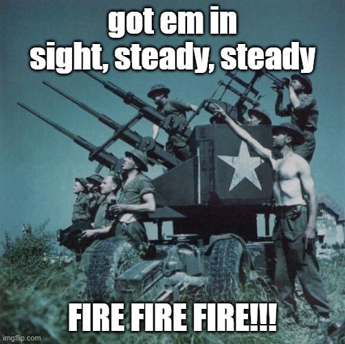 Anti Aircraft  | got em in sight, steady, steady FIRE FIRE FIRE!!! | image tagged in anti aircraft | made w/ Imgflip meme maker