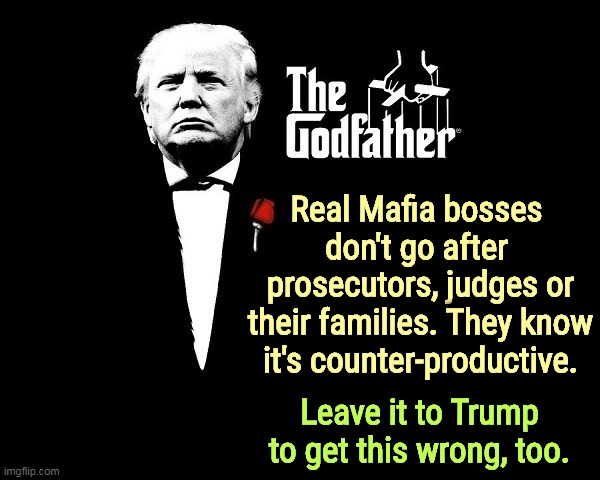 He's not even smart enough to be a Mafia boss. | Real Mafia bosses 
don't go after 
prosecutors, judges or their families. They know it's counter-productive. Leave it to Trump to get this wrong, too. | image tagged in trump mafia crime boss godfather,trump,stupid,the godfather,mafia don,mistakes | made w/ Imgflip meme maker