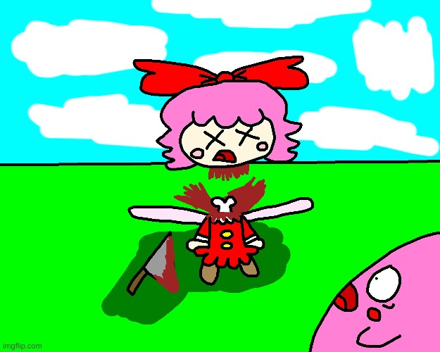 Ribbon get's decapitated for no reason | image tagged in kirby,ribbon,gore,blood,funny,parody | made w/ Imgflip meme maker