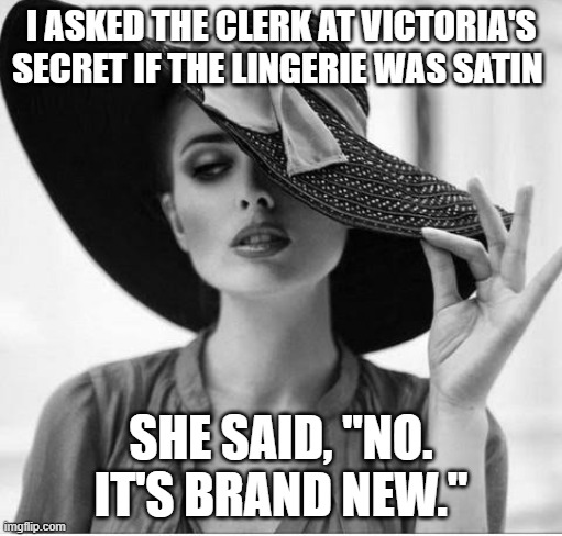 Classy Lady | I ASKED THE CLERK AT VICTORIA'S SECRET IF THE LINGERIE WAS SATIN; SHE SAID, "NO. IT'S BRAND NEW." | image tagged in classy lady | made w/ Imgflip meme maker