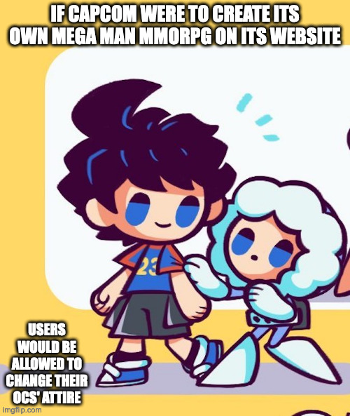 Rock in Alternative Attire | IF CAPCOM WERE TO CREATE ITS OWN MEGA MAN MMORPG ON ITS WEBSITE; USERS WOULD BE ALLOWED TO CHANGE THEIR OCS' ATTIRE | image tagged in rock,megaman,iceman,memes | made w/ Imgflip meme maker