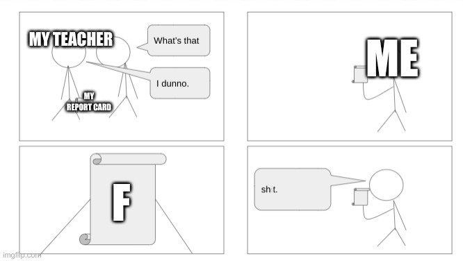 example of practically the scroll of truth(not the scroll of truth) | MY TEACHER; ME; MY REPORT CARD; F | image tagged in practically the scroll of truth | made w/ Imgflip meme maker
