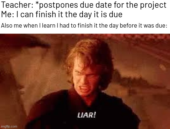 also a chance for me to use this template | Teacher: *postpones due date for the project
Me: I can finish it the day it is due; Also me when I learn I had to finish it the day before it was due: | image tagged in anakin liar,memes,funny | made w/ Imgflip meme maker