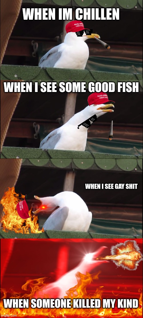 birds | WHEN IM CHILLEN; WHEN I SEE SOME GOOD FISH; WHEN I SEE GAY SHIT; WHEN SOMEONE KILLED MY KIND | image tagged in memes,inhaling seagull | made w/ Imgflip meme maker