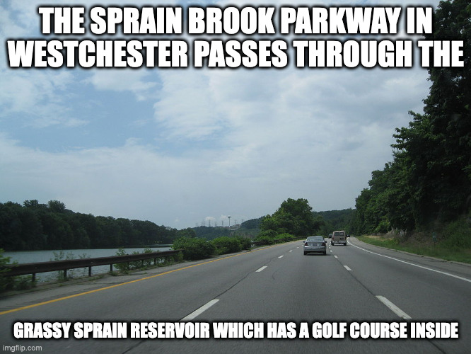 Sprain Brook Parkway | THE SPRAIN BROOK PARKWAY IN WESTCHESTER PASSES THROUGH THE; GRASSY SPRAIN RESERVOIR WHICH HAS A GOLF COURSE INSIDE | image tagged in road,memes | made w/ Imgflip meme maker