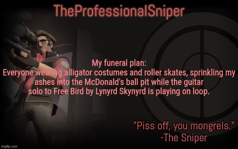 My funeral plan:
Everyone wearing alligator costumes and roller skates, sprinkling my ashes into the McDonald's ball pit while the guitar solo to Free Bird by Lynyrd Skynyrd is playing on loop. | image tagged in theprofessionalsniper's template | made w/ Imgflip meme maker