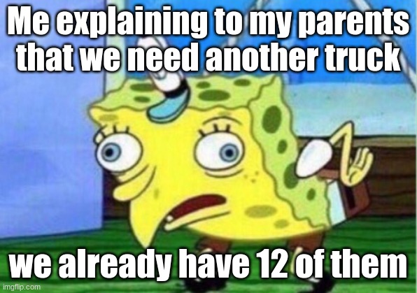 Me=stupid | Me explaining to my parents that we need another truck; we already have 12 of them | image tagged in memes,mocking spongebob | made w/ Imgflip meme maker