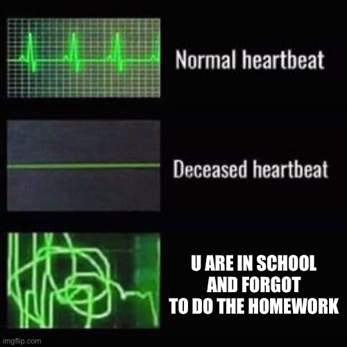 I forgot to do the homework | U ARE IN SCHOOL AND FORGOT TO DO THE HOMEWORK | image tagged in heartbeat rate,memes | made w/ Imgflip meme maker