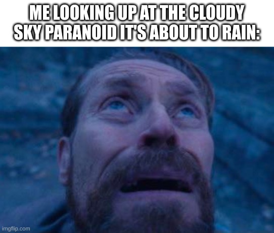 I get paranoid at overcast | ME LOOKING UP AT THE CLOUDY SKY PARANOID IT'S ABOUT TO RAIN: | image tagged in willem dafoe looking up | made w/ Imgflip meme maker