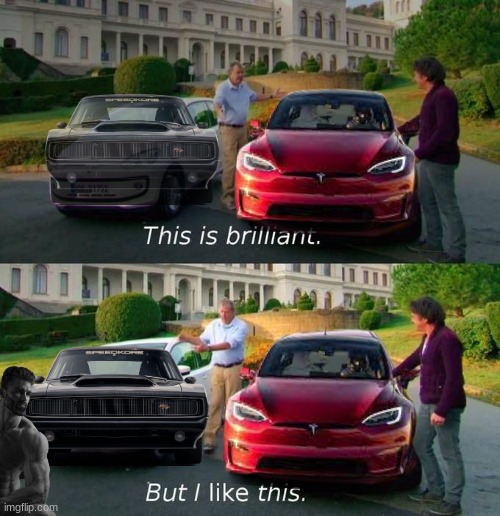Chad Charger R/T VS. Virgin Tesla Models S Plaid | image tagged in this is brilliant but i like this | made w/ Imgflip meme maker