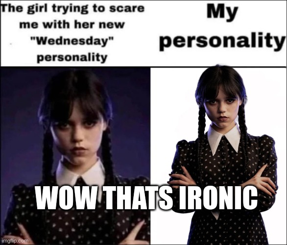 wow thats ironic | WOW THATS IRONIC | image tagged in the girl trying to scare me with her new wednesday personality,so true memes | made w/ Imgflip meme maker