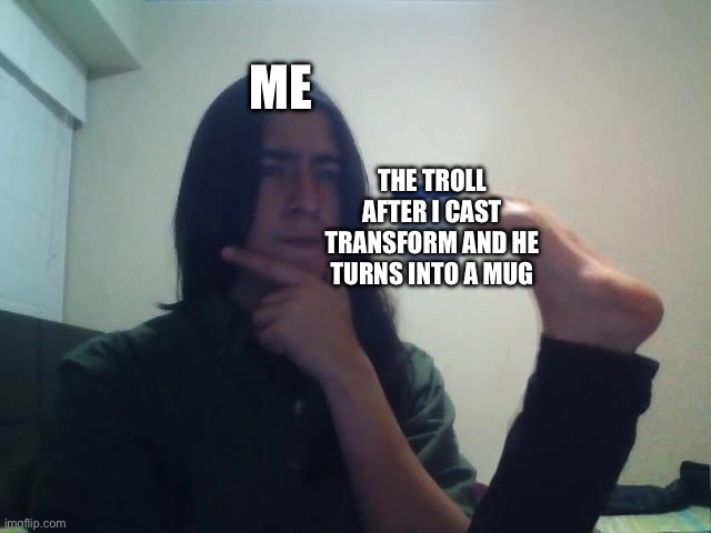 Hmmmm | ME THE TROLL AFTER I CAST TRANSFORM AND HE TURNS INTO A MUG | image tagged in hmmmm | made w/ Imgflip meme maker
