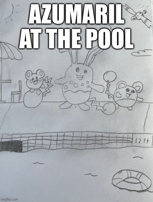 Sorry the pool tiles look weird I drew this in the car and the road was too bumpy | AZUMARIL AT THE POOL | image tagged in pokemon,drawing | made w/ Imgflip meme maker