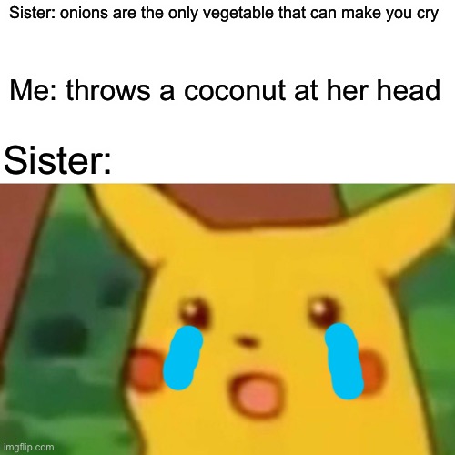 Surprised Pikachu | Sister: onions are the only vegetable that can make you cry; Me: throws a coconut at her head; Sister: | image tagged in memes,surprised pikachu,funny,coconut | made w/ Imgflip meme maker