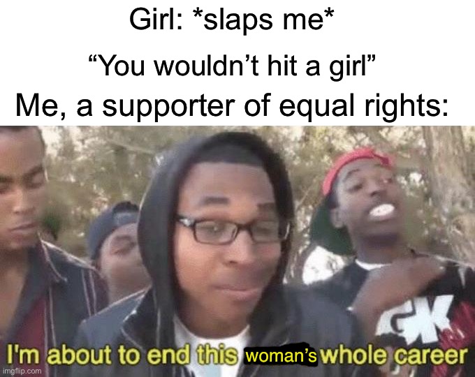 Me in a nutshell | Girl: *slaps me*; “You wouldn’t hit a girl”; Me, a supporter of equal rights:; woman’s | image tagged in i m about to end this man s whole career,memes,funny,funny memes,smack,oh crap | made w/ Imgflip meme maker