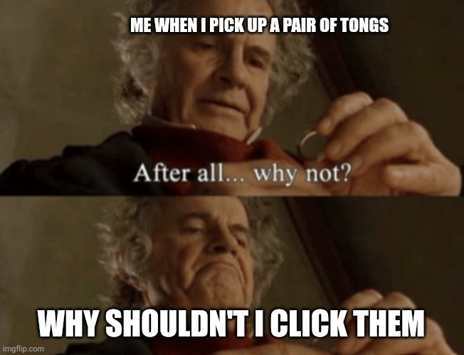 After all.. why not? | ME WHEN I PICK UP A PAIR OF TONGS; WHY SHOULDN'T I CLICK THEM | image tagged in after all why not,dad joke | made w/ Imgflip meme maker