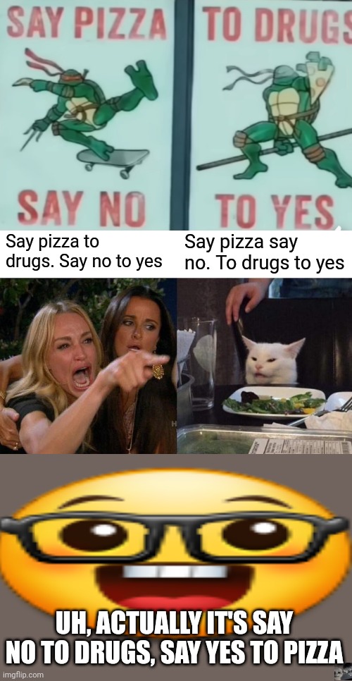 Uhh actually | Say pizza to drugs. Say no to yes; Say pizza say no. To drugs to yes; UH, ACTUALLY IT'S SAY NO TO DRUGS, SAY YES TO PIZZA | image tagged in memes,woman yelling at cat | made w/ Imgflip meme maker
