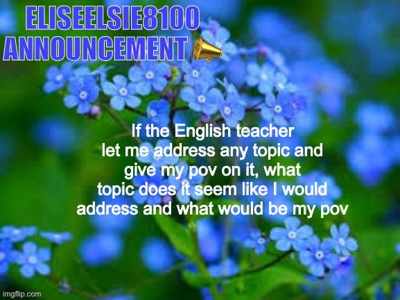 EliseElsie8100 Announcement | If the English teacher let me address any topic and give my pov on it, what topic does it seem like I would address and what would be my pov | image tagged in eliseelsie8100 announcement | made w/ Imgflip meme maker