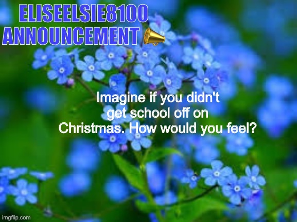 EliseElsie8100 Announcement | Imagine if you didn't get school off on Christmas. How would you feel? | image tagged in eliseelsie8100 announcement | made w/ Imgflip meme maker