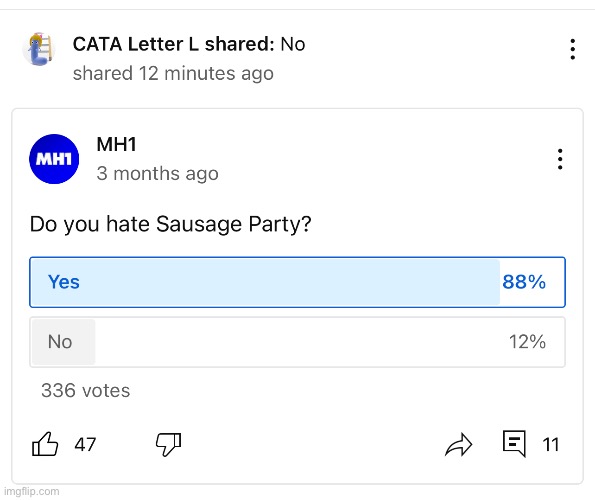 CATA Letter L likes Sausage party (BIG TIME EXPOSED) | image tagged in cata letter l,sausage party | made w/ Imgflip meme maker