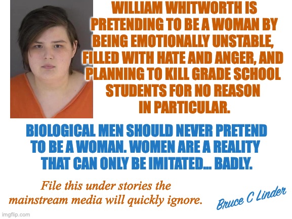 LGBTQ+ Violence | WILLIAM WHITWORTH IS
PRETENDING TO BE A WOMAN BY
BEING EMOTIONALLY UNSTABLE, 
FILLED WITH HATE AND ANGER, AND 
PLANNING TO KILL GRADE SCHOOL 
STUDENTS FOR NO REASON 
IN PARTICULAR. BIOLOGICAL MEN SHOULD NEVER PRETEND
TO BE A WOMAN. WOMEN ARE A REALITY 
THAT CAN ONLY BE IMITATED... BADLY. Bruce C Linder; File this under stories the mainstream media will quickly ignore. | image tagged in william whitworth,colorado,biological man,trans woman,school shooting - stopped,lgbtq violence | made w/ Imgflip meme maker