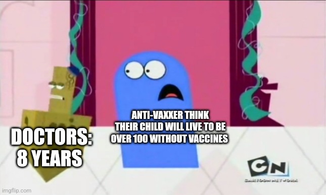ANTI-VAXXER THINK THEIR CHILD WILL LIVE TO BE OVER 100 WITHOUT VACCINES; DOCTORS: 8 YEARS | image tagged in white background,antivax,funny,memes,funny memes | made w/ Imgflip meme maker