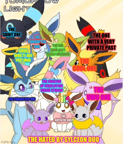 The eeveelution squad in my perspective | THE SHINY ONE; THE CORRUPTED ONE; THE ONE WITH A VERY PRIVATE PAST; THE ONE WHO ISN’T REALLY INCLUDED; BRUH WHO TF ARE YOU LMAO; THE COOL ONE; THE CREATOR OF EEVEELUTION SQUAD STREAM; THE UWU ONE; THE FORGOTTEN ONE; THE ARTISTIC ONE; THE HATED BY SYLCEON DUO | image tagged in eeveelution squad | made w/ Imgflip meme maker