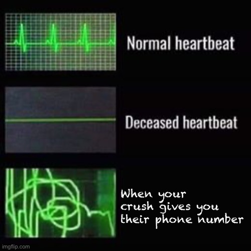 heartbeat rate | When your crush gives you their phone number | image tagged in heartbeat rate,memes | made w/ Imgflip meme maker