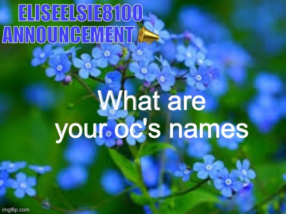EliseElsie8100 Announcement | What are your oc's names | image tagged in eliseelsie8100 announcement | made w/ Imgflip meme maker