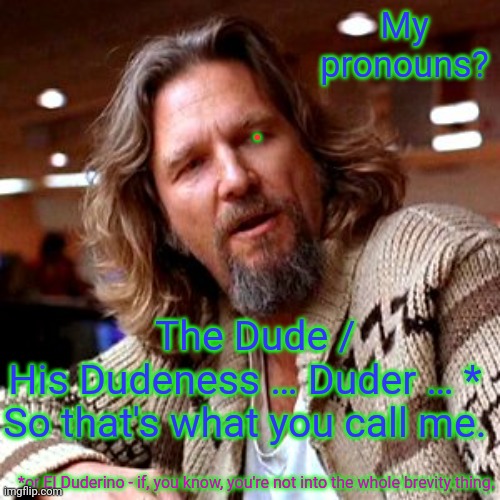 The Dude's not Confused about his Gender, or his pronouns. | My pronouns? . The Dude / His Dudeness … Duder … * 

So that's what you call me. *or El Duderino - if, you know, you're not into the whole brevity thing. | image tagged in memes,confused lebowski,pronouns before gender confusion,dude his dudeness duder,el duderino,funny memes | made w/ Imgflip meme maker