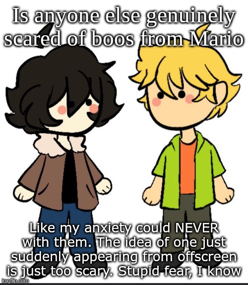 Nic an Wil | Is anyone else genuinely scared of boos from Mario; Like my anxiety could NEVER with them. The idea of one just suddenly appearing from offscreen is just too scary. Stupid fear, I know | image tagged in nic an wil | made w/ Imgflip meme maker