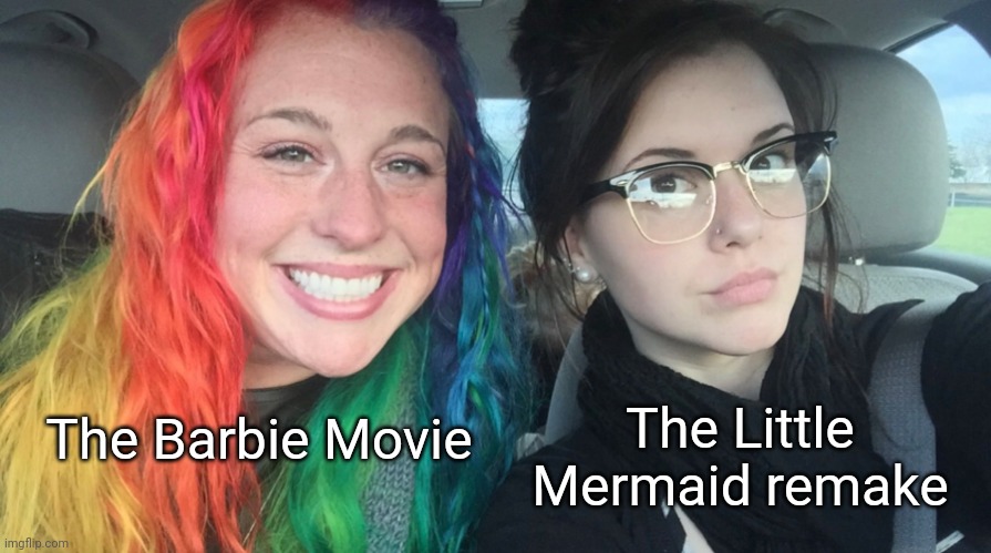 Another problem with The Little Mermaid remake is that it has dark undertones for a kid's movie | The Little Mermaid remake; The Barbie Movie | image tagged in rainbow girl and goth girl,the little mermaid,barbie movie,hollywood,movies,disney | made w/ Imgflip meme maker