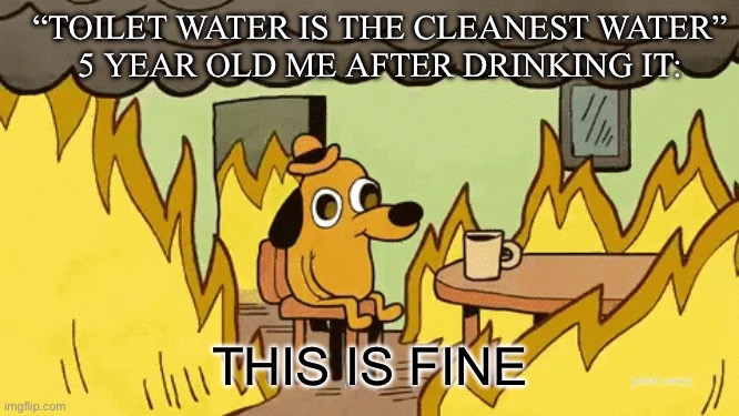 tHiS iS fInEOk | “TOILET WATER IS THE CLEANEST WATER”






5 YEAR OLD ME AFTER DRINKING IT:; THIS IS FINE | image tagged in this is fine | made w/ Imgflip meme maker