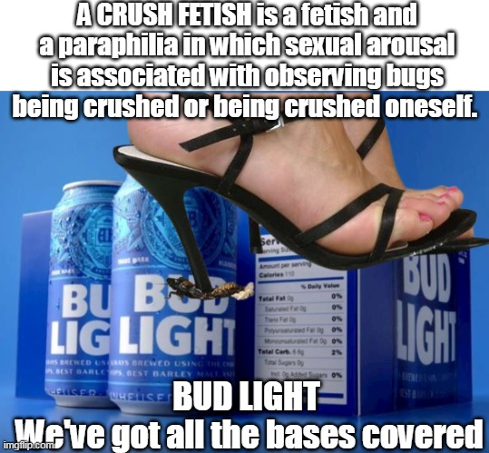 BUDWEISER we intend to OWN the NICHE / PISS everyone off market | A CRUSH FETISH is a fetish and a paraphilia in which sexual arousal is associated with observing bugs being crushed or being crushed oneself. BUD LIGHT 
We've got all the bases covered | made w/ Imgflip meme maker
