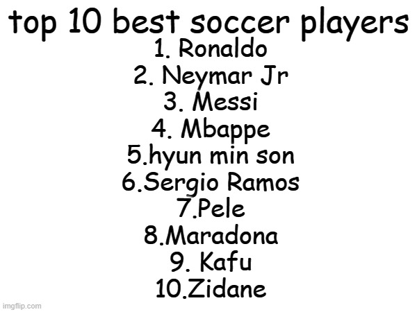 cry | top 10 best soccer players; 1. Ronaldo
2. Neymar Jr
3. Messi
4. Mbappe
5.hyun min son
6.Sergio Ramos
7.Pele
8.Maradona
9. Kafu
10.Zidane | made w/ Imgflip meme maker