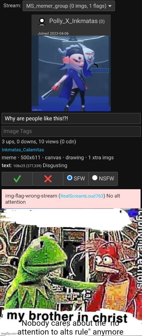 Nobody cares about the "no attention to alts rule" anymore | image tagged in my brother in christ | made w/ Imgflip meme maker