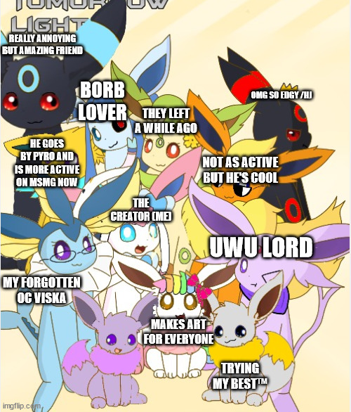 eeveelution squad | REALLY ANNOYING BUT AMAZING FRIEND; BORB LOVER; OMG SO EDGY /HJ; THEY LEFT A WHILE AGO; HE GOES BY PYRO AND IS MORE ACTIVE ON MSMG NOW; NOT AS ACTIVE BUT HE'S COOL; THE CREATOR (ME); UWU LORD; MY FORGOTTEN OC VISKA; MAKES ART FOR EVERYONE; TRYING MY BEST™ | image tagged in eeveelution squad | made w/ Imgflip meme maker