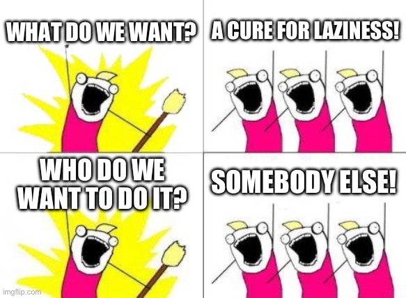 I feel like this 24/7 | WHAT DO WE WANT? A CURE FOR LAZINESS! SOMEBODY ELSE! WHO DO WE WANT TO DO IT? | image tagged in memes,what do we want | made w/ Imgflip meme maker