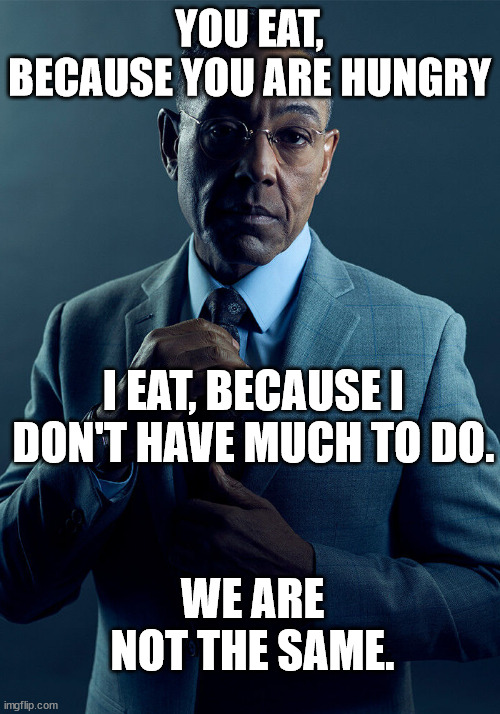 Gus Fring we are not the same | YOU EAT, BECAUSE YOU ARE HUNGRY; I EAT, BECAUSE I DON'T HAVE MUCH TO DO. WE ARE NOT THE SAME. | image tagged in gus fring we are not the same | made w/ Imgflip meme maker