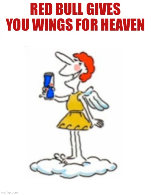 When you drink too much Red Bull | RED BULL GIVES YOU WINGS FOR HEAVEN | image tagged in red bull | made w/ Imgflip meme maker
