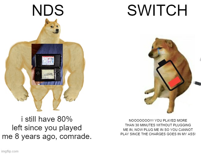 Why does this happen? | NDS; SWITCH; i still have 80% left since you played me 8 years ago, comrade. NOOOOOOO!!!! YOU PLAYED MORE THAN 30 MINUTES WITHOUT PLUGGING ME IN, NOW PLUG ME IN SO YOU CANNOT PLAY SINCE THE CHARGES GOES IN MY ASS! | image tagged in nintendo | made w/ Imgflip meme maker