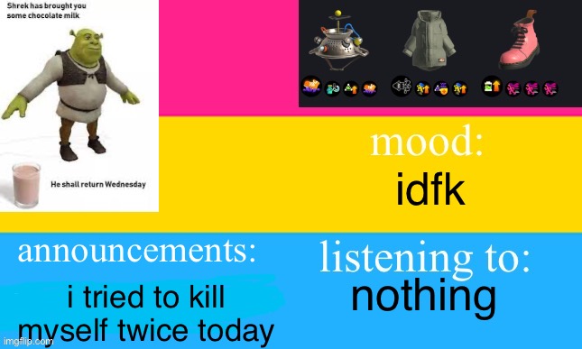 *SEWERSLIDE WARNING* | idfk; announcements:; nothing; i tried to kill myself twice today | image tagged in whatinthegay s announcement template,e | made w/ Imgflip meme maker