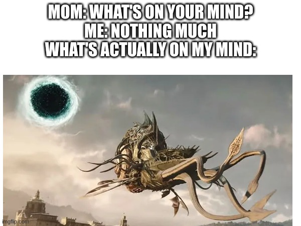 Nautiloids go brrrrrrrrrrrrrrr | MOM: WHAT'S ON YOUR MIND?
ME: NOTHING MUCH
WHAT'S ACTUALLY ON MY MIND: | image tagged in dnd,insanity | made w/ Imgflip meme maker
