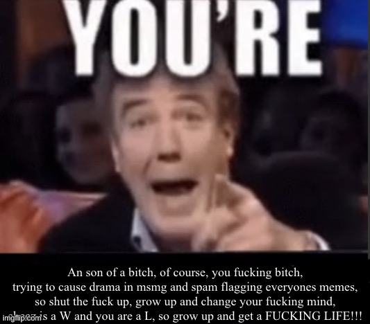 Message to Uberlasten | An son of a bitch, of course, you fucking bitch, trying to cause drama in msmg and spam flagging everyones memes, so shut the fuck up, grow up and change your fucking mind, cheez is a W and you are a L, so grow up and get a FUCKING LIFE!!! | image tagged in you're x blank | made w/ Imgflip meme maker