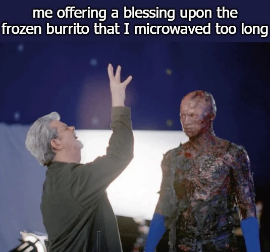 still frozen in the middle | me offering a blessing upon the frozen burrito that I microwaved too long | image tagged in i hate sand | made w/ Imgflip meme maker
