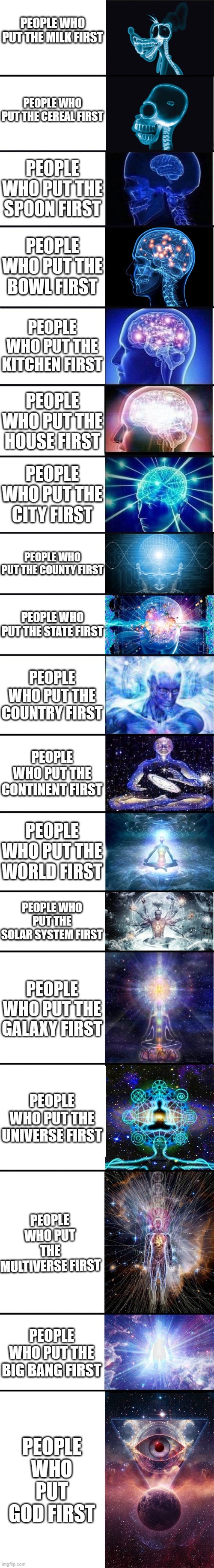 expanding brain: 9001 | PEOPLE WHO PUT THE MILK FIRST; PEOPLE WHO PUT THE CEREAL FIRST; PEOPLE WHO PUT THE SPOON FIRST; PEOPLE WHO PUT THE BOWL FIRST; PEOPLE WHO PUT THE KITCHEN FIRST; PEOPLE WHO PUT THE HOUSE FIRST; PEOPLE WHO PUT THE CITY FIRST; PEOPLE WHO PUT THE COUNTY FIRST; PEOPLE WHO PUT THE STATE FIRST; PEOPLE WHO PUT THE COUNTRY FIRST; PEOPLE WHO PUT THE CONTINENT FIRST; PEOPLE WHO PUT THE WORLD FIRST; PEOPLE WHO PUT THE SOLAR SYSTEM FIRST; PEOPLE WHO PUT THE GALAXY FIRST; PEOPLE WHO PUT THE UNIVERSE FIRST; PEOPLE WHO PUT THE MULTIVERSE FIRST; PEOPLE WHO PUT THE BIG BANG FIRST; PEOPLE WHO PUT GOD FIRST | image tagged in expanding brain 9001 | made w/ Imgflip meme maker