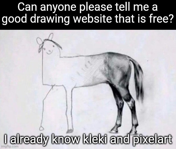 Pleeeeeeease | Can anyone please tell me a good drawing website that is free? I already know kleki and pixelart | image tagged in horse drawing,not my art | made w/ Imgflip meme maker