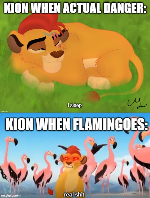 KION WHEN ACTUAL DANGER:; i sleep; KION WHEN FLAMINGOES:; real shit | image tagged in a mentally sick piece of garbage,garbage | made w/ Imgflip meme maker